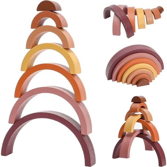 Brand New Wooden Rainbow Stacking Toy, Small Size Wooden Rainbow Stacker, 7pcs B - Picture 1 of 5